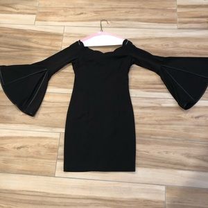 Bell Sleeve Black Dress with Scalloped Neck